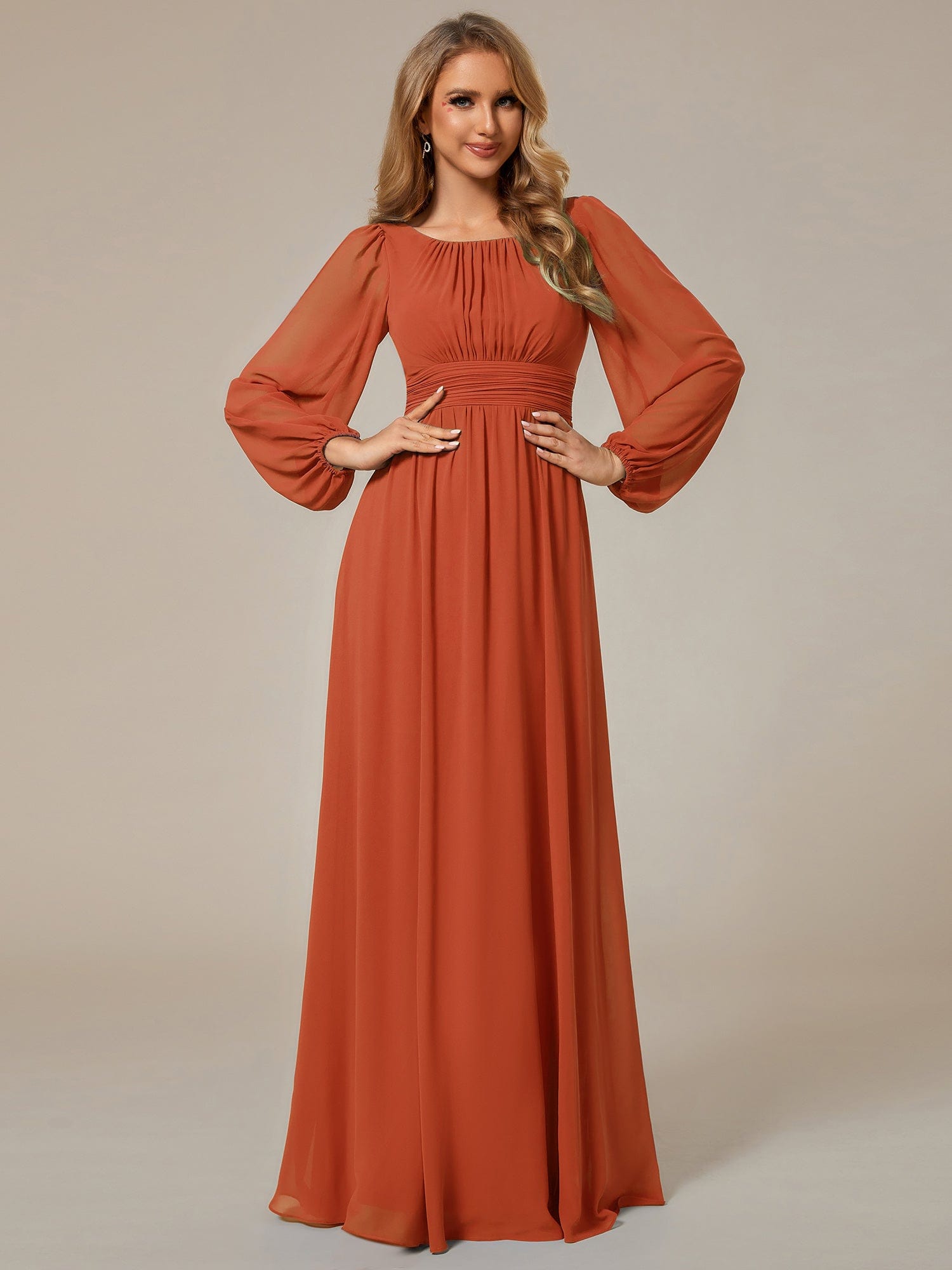 Custom Size See-Througth Puff Sleeve Chiffon Bridesmaid Dress #color_Burnt Orange