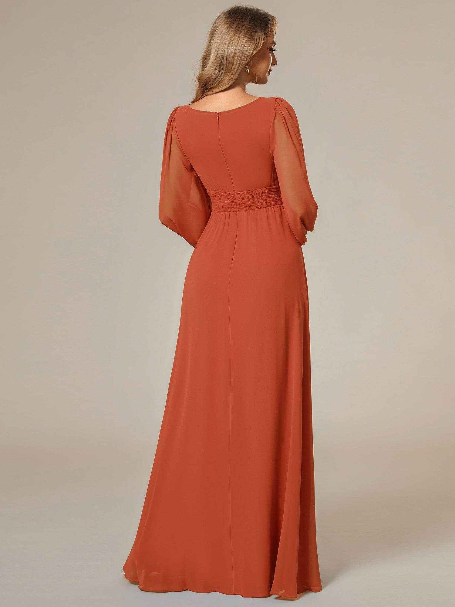Custom Size See-Througth Puff Sleeve Chiffon Bridesmaid Dress #color_Burnt Orange