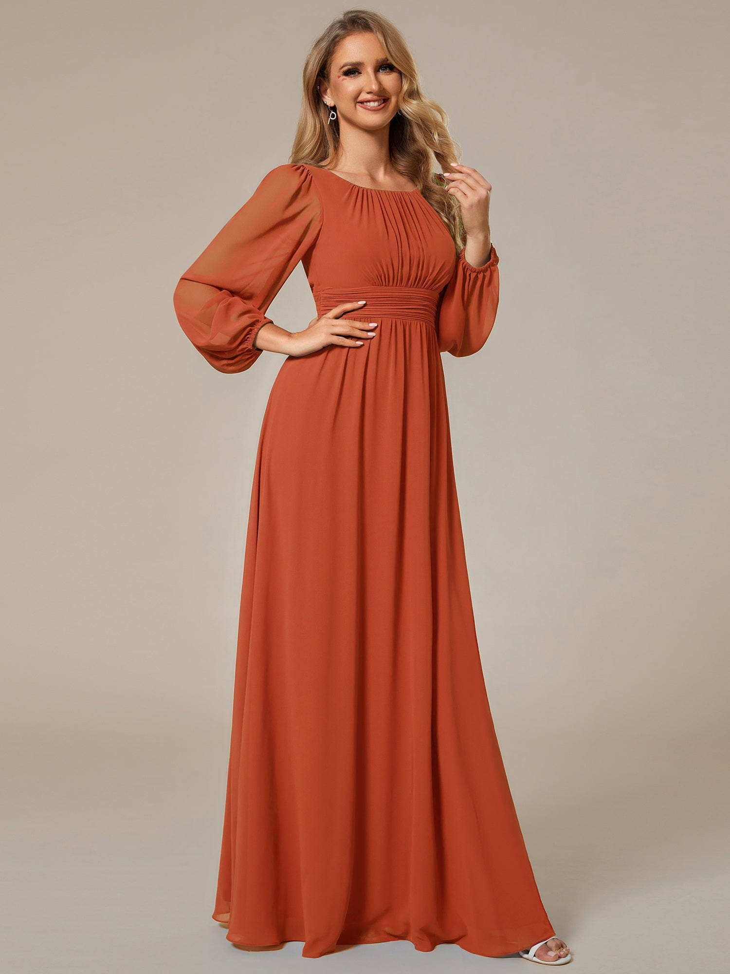 Custom Size See-Througth Puff Sleeve Chiffon Bridesmaid Dress #color_Burnt Orange