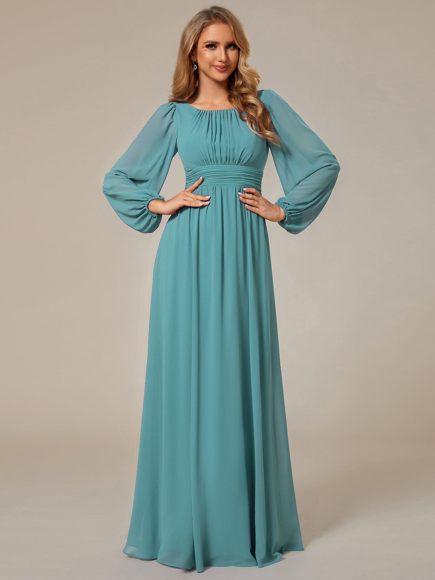 Custom Size See-Througth Puff Sleeve Chiffon Bridesmaid Dress #color_Light Teal