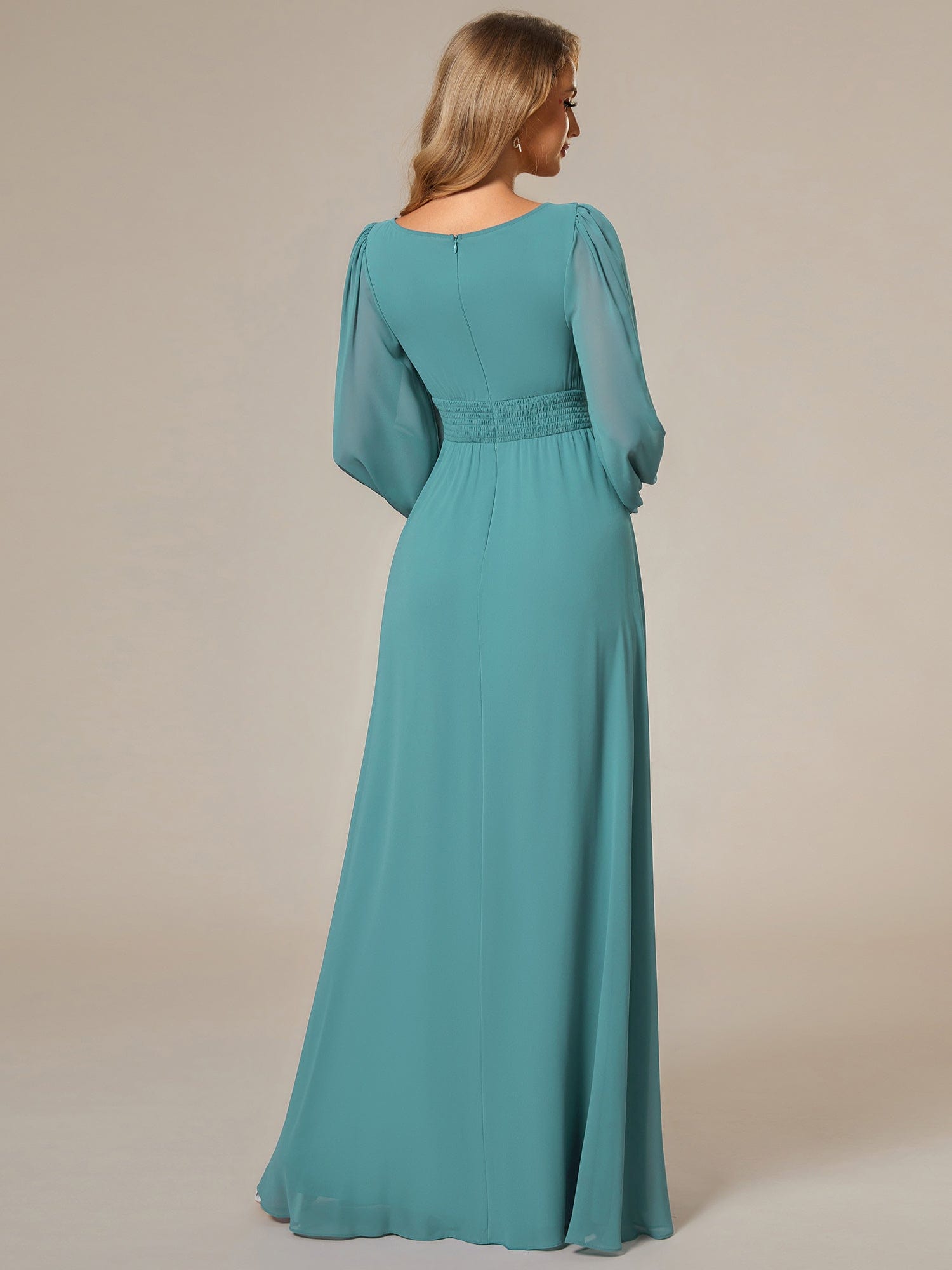 Custom Size See-Througth Puff Sleeve Chiffon Bridesmaid Dress #color_Light Teal