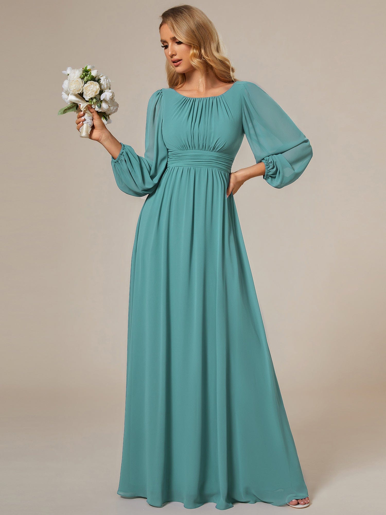 Custom Size See-Througth Puff Sleeve Chiffon Bridesmaid Dress #color_Light Teal