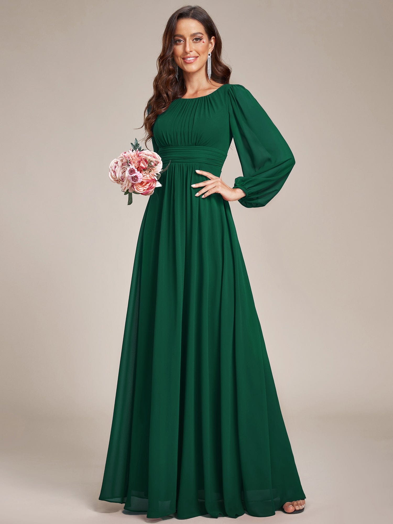 Custom Size See-Througth Puff Sleeve Chiffon Bridesmaid Dress #color_Dark Green