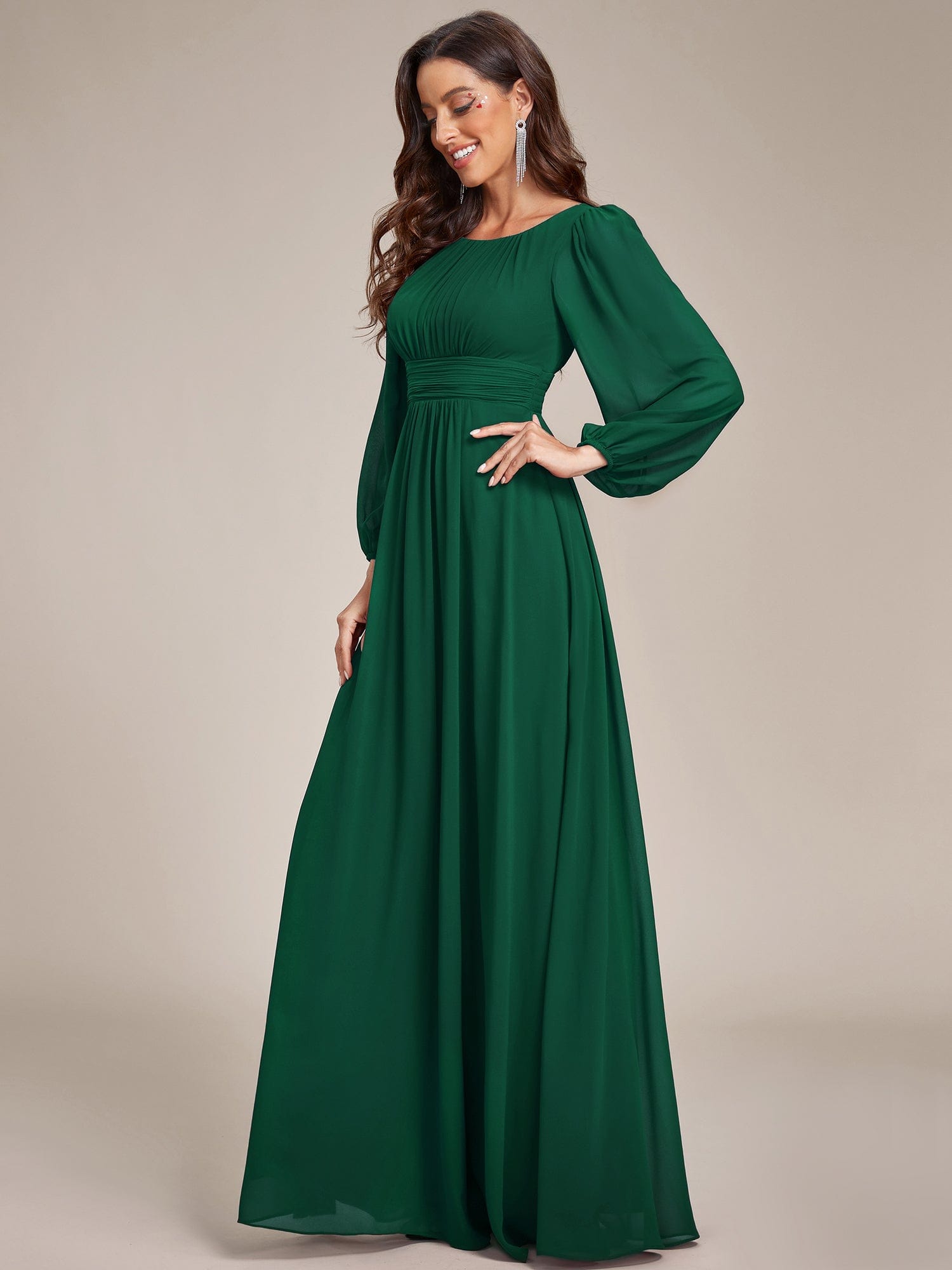 Custom Size See-Througth Puff Sleeve Chiffon Bridesmaid Dress #color_Dark Green