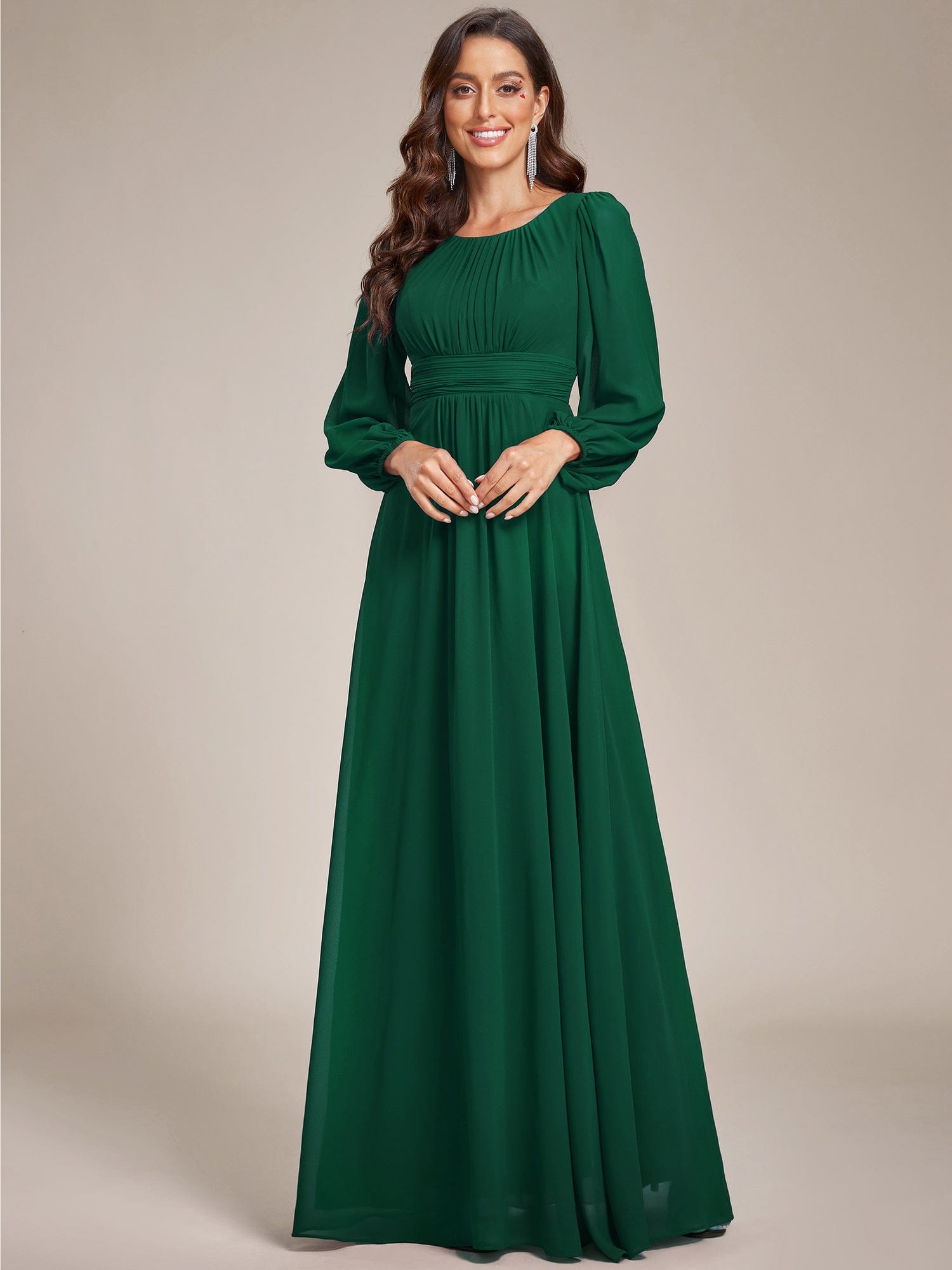 Custom Size See-Througth Puff Sleeve Chiffon Bridesmaid Dress #color_Dark Green