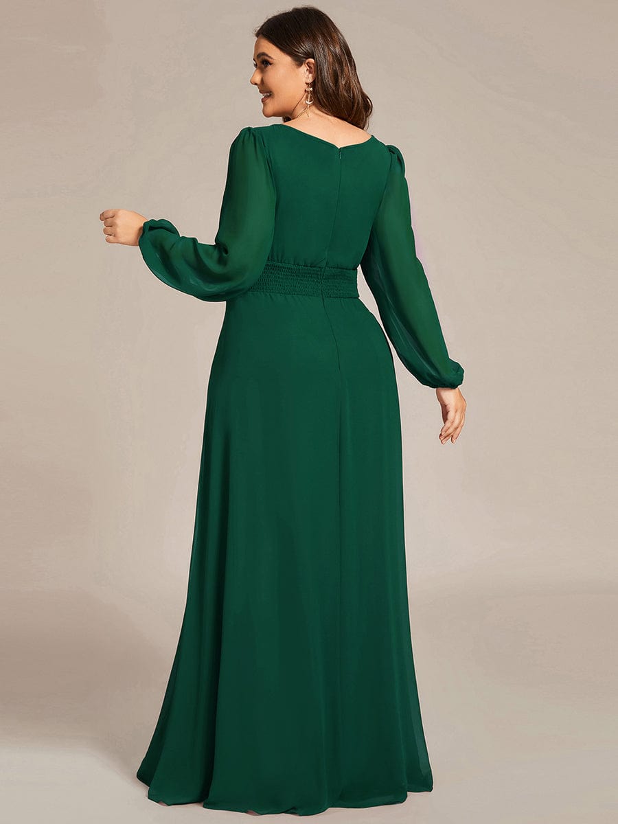 Chiffon Long Sleeve Pleated Floor Length Bridesmaid Dress #color_Dark Green
