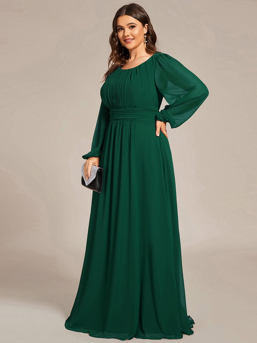 Plus Size Sheer Long Sleeve Pleated Floor Length Bridesmaid Dress #color_Dark Green