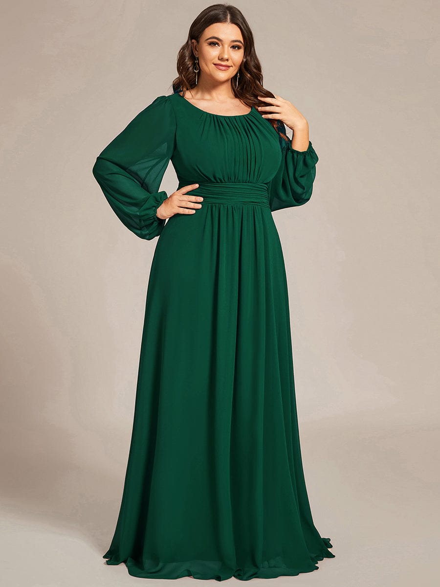 Plus Size Sheer Long Sleeve Pleated Floor Length Bridesmaid Dress #color_Dark Green