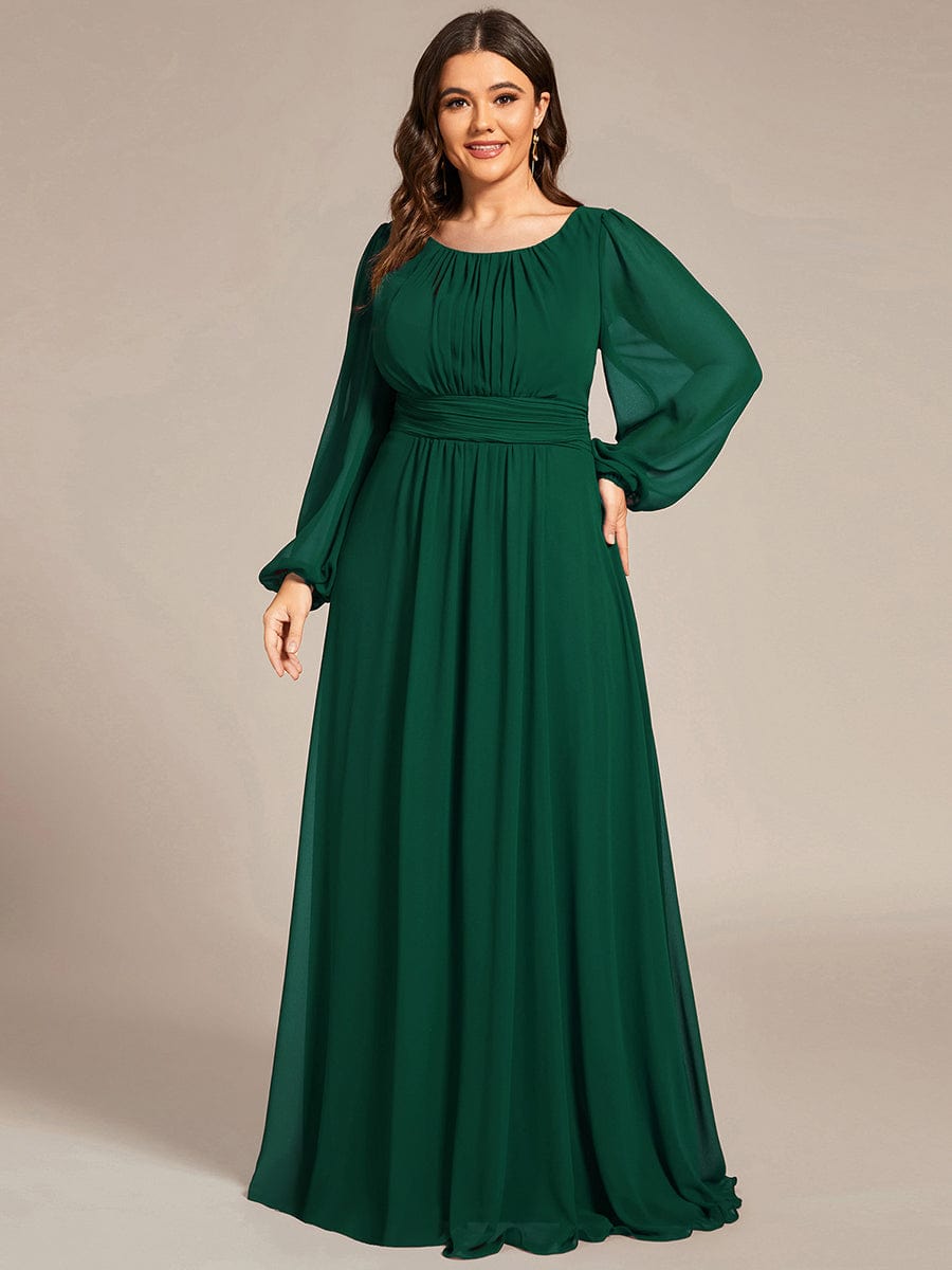 Plus Size Sheer Long Sleeve Pleated Floor Length Bridesmaid Dress #color_Dark Green