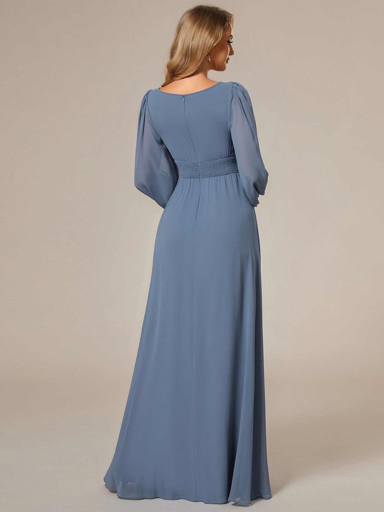 Custom Size See-Througth Puff Sleeve Chiffon Bridesmaid Dress #color_Dusty Navy