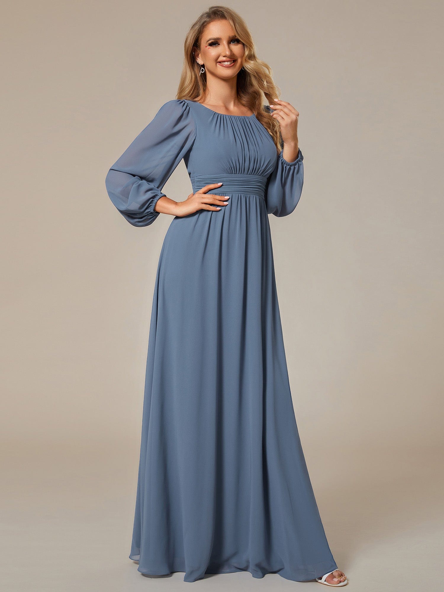 Custom Size See-Througth Puff Sleeve Chiffon Bridesmaid Dress #color_Dusty Navy