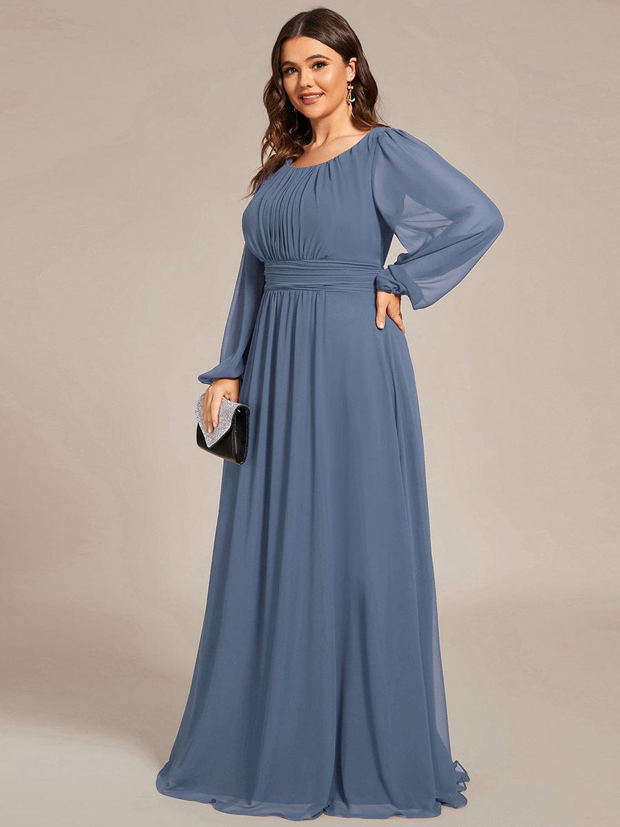 Plus Size Sheer Long Sleeve Pleated Floor Length Bridesmaid Dress #color_Dusty Blue