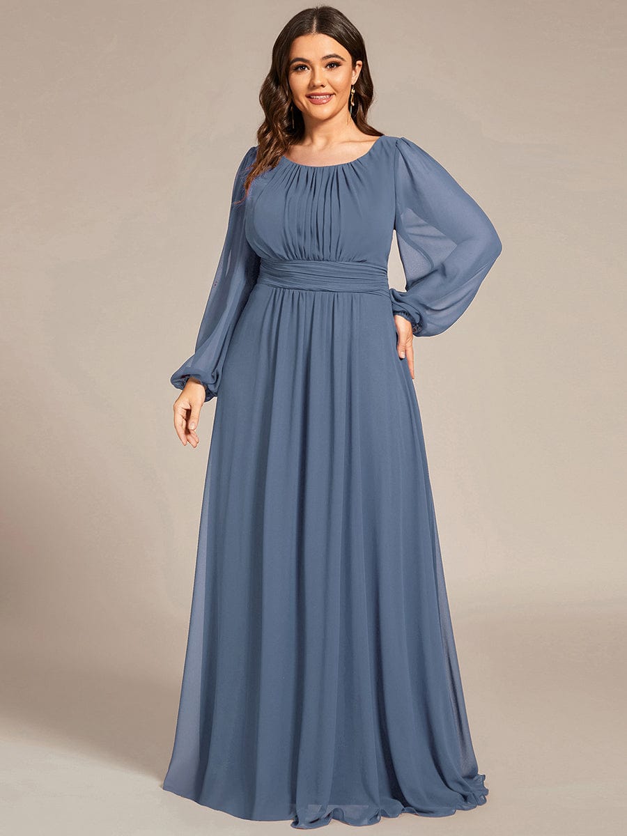 Plus Size Sheer Long Sleeve Pleated Floor Length Bridesmaid Dress #color_Dusty Blue