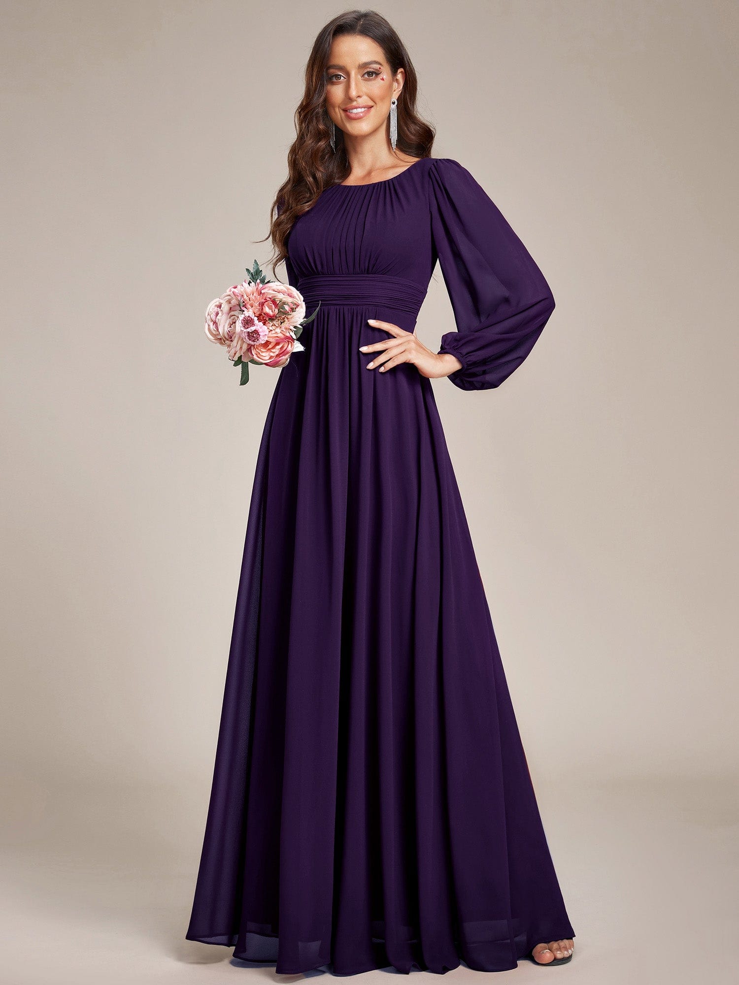 Custom Size See-Througth Puff Sleeve Chiffon Bridesmaid Dress #color_Dark Purple