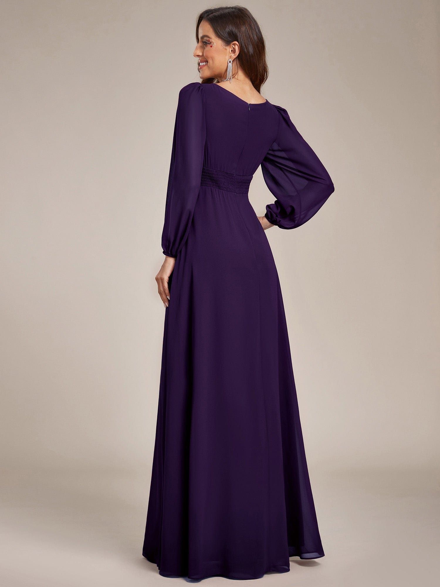 Custom Size See-Througth Puff Sleeve Chiffon Bridesmaid Dress #color_Dark Purple
