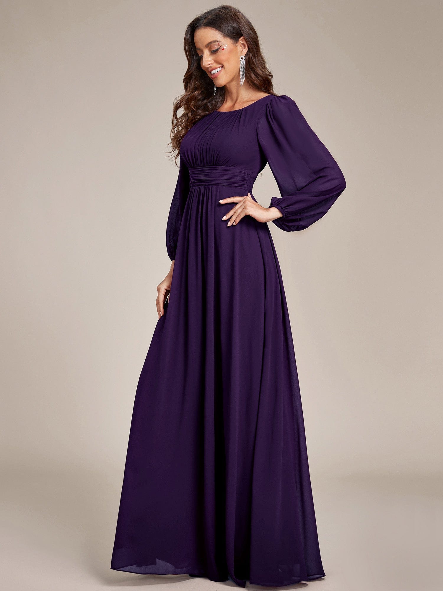 Custom Size See-Througth Puff Sleeve Chiffon Bridesmaid Dress #color_Dark Purple