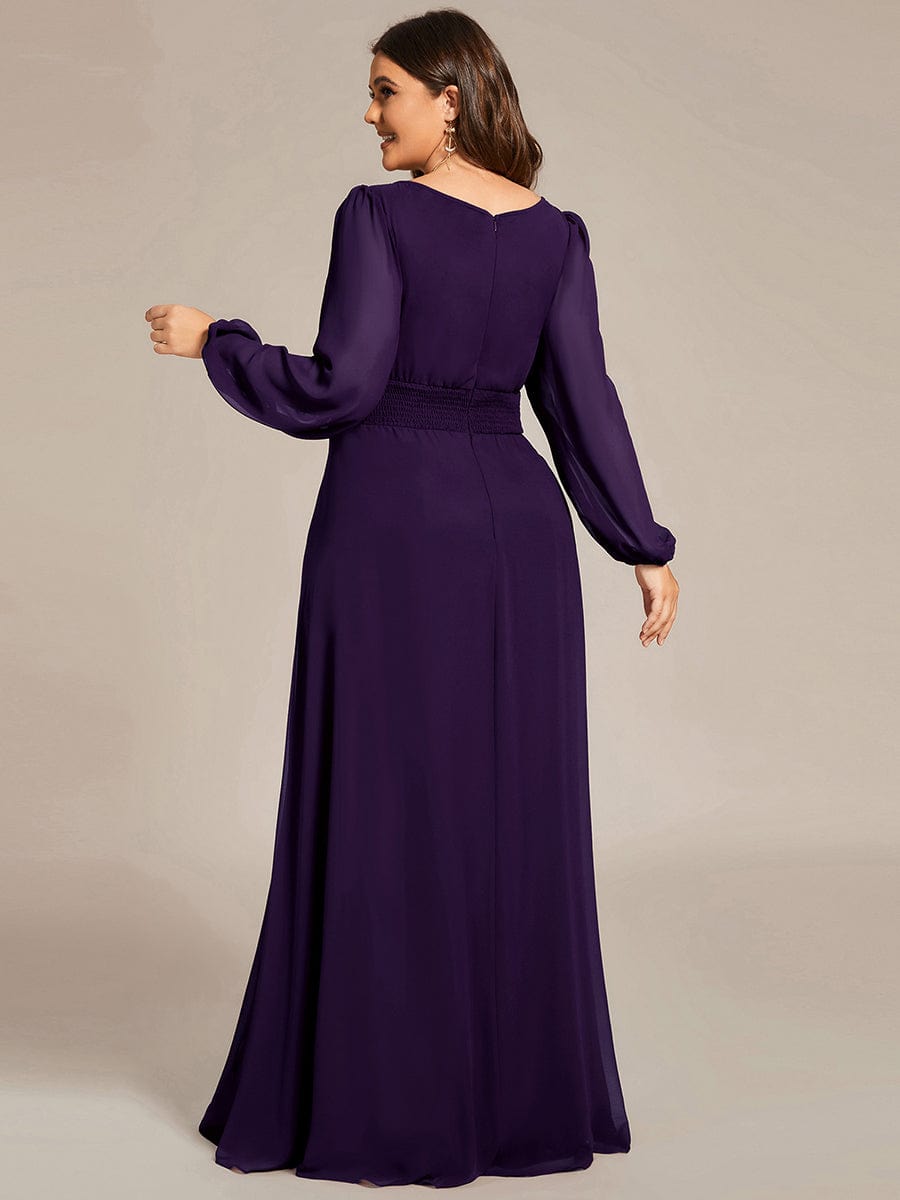 Plus Size Sheer Long Sleeve Pleated Floor Length Bridesmaid Dress #color_Dark Purple