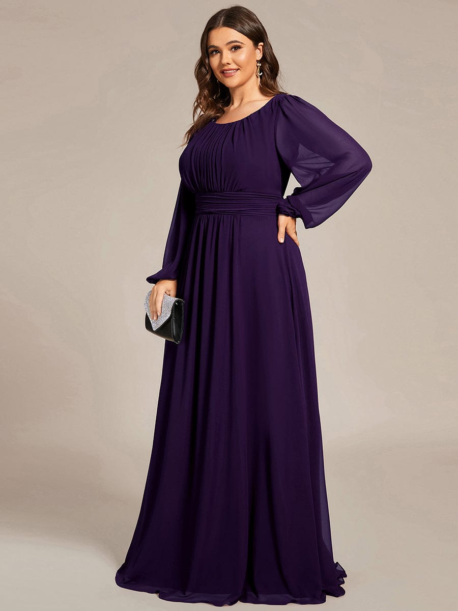 Plus Size Sheer Long Sleeve Pleated Floor Length Bridesmaid Dress #color_Dark Purple