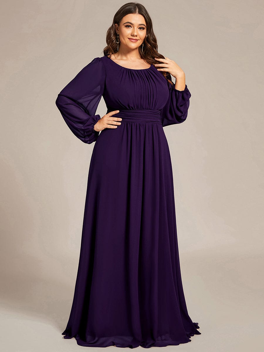 Plus Size Sheer Long Sleeve Pleated Floor Length Bridesmaid Dress #color_Dark Purple