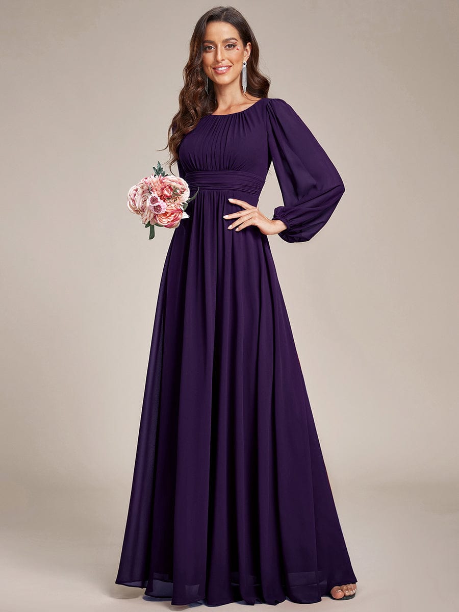 Chiffon Long Sleeve Pleated Floor Length Bridesmaid Dress #color_Dark Purple