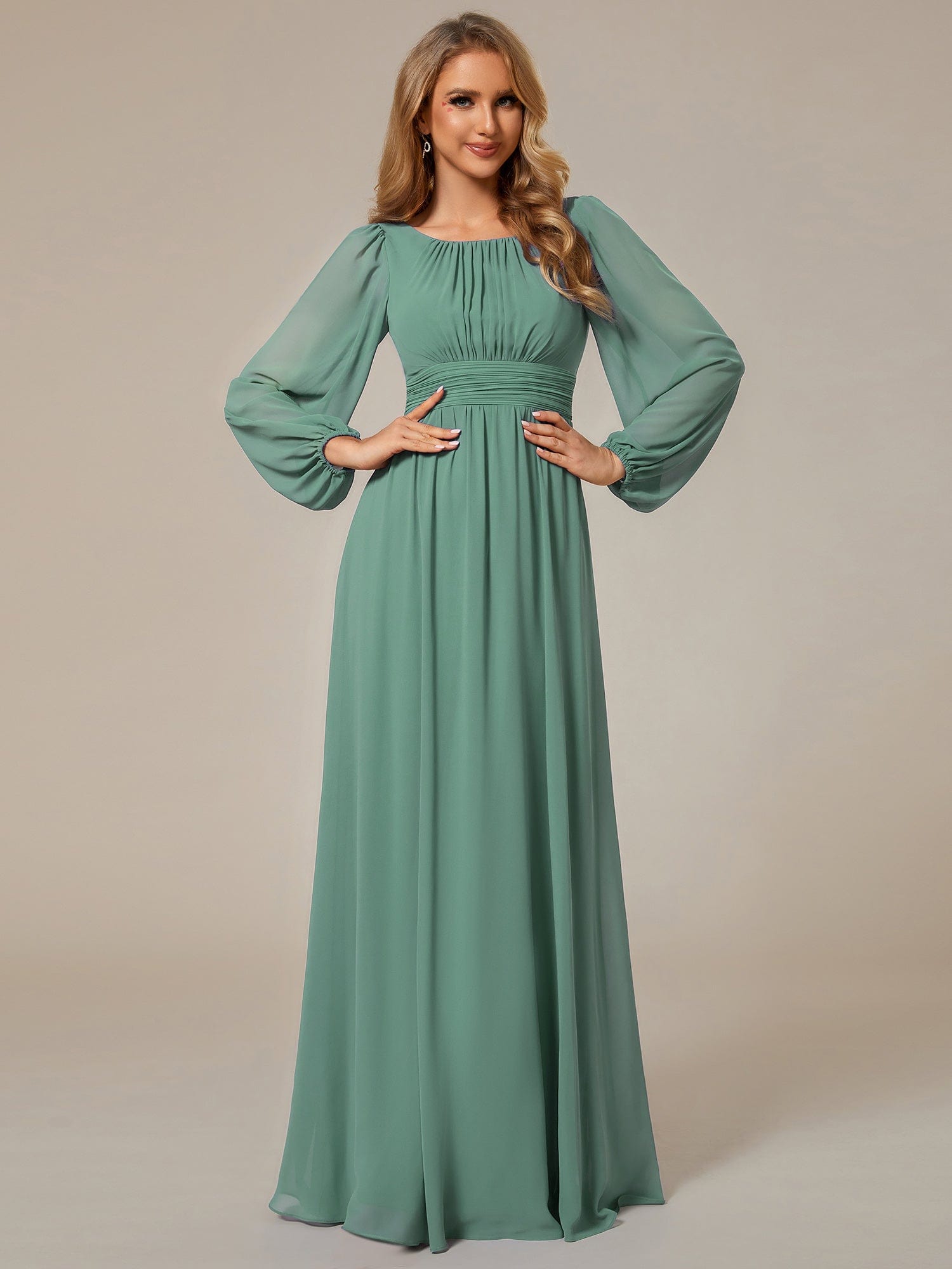 Custom Size See-Througth Puff Sleeve Chiffon Bridesmaid Dress #color_Green Blue