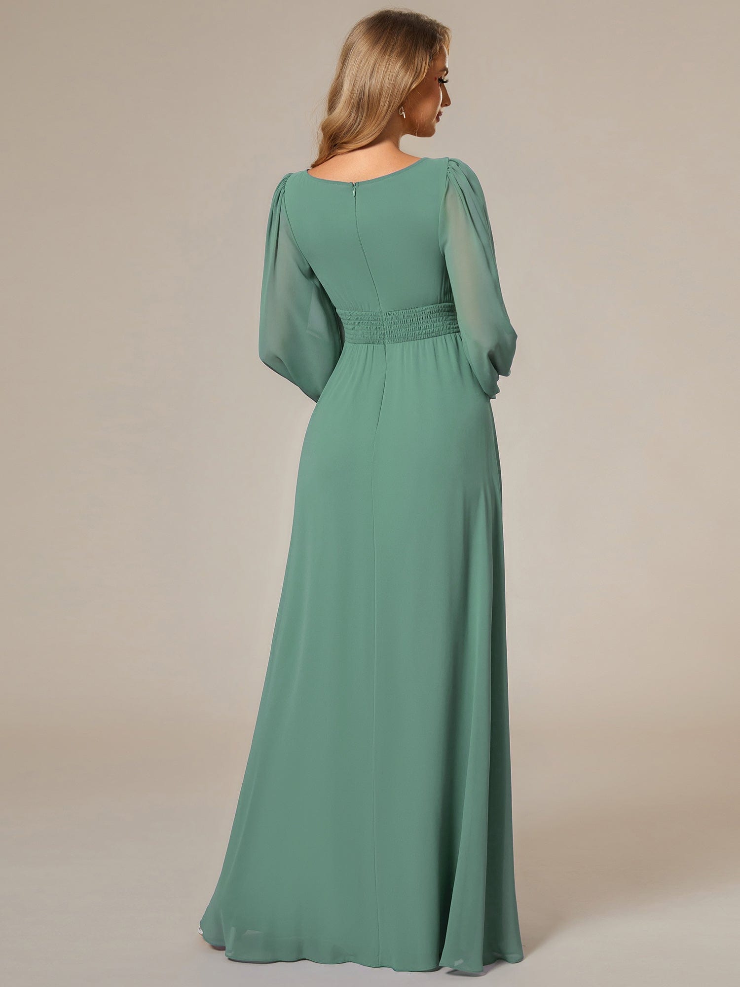 Custom Size See-Througth Puff Sleeve Chiffon Bridesmaid Dress #color_Green Blue