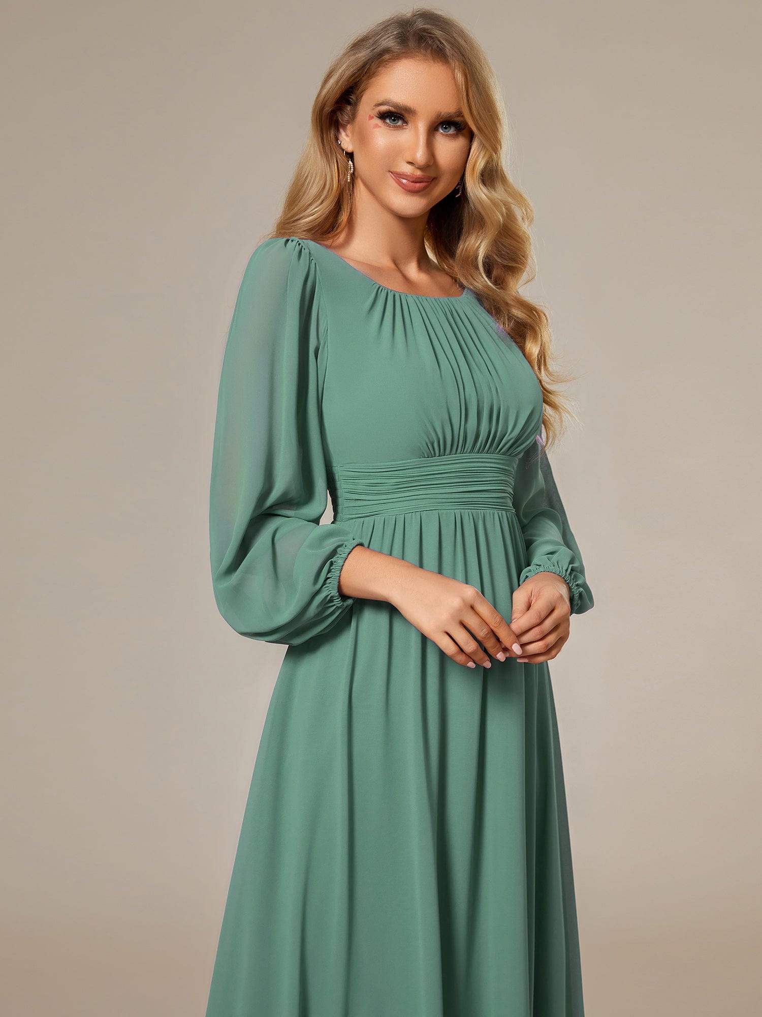 Custom Size See-Througth Puff Sleeve Chiffon Bridesmaid Dress #color_Green Blue