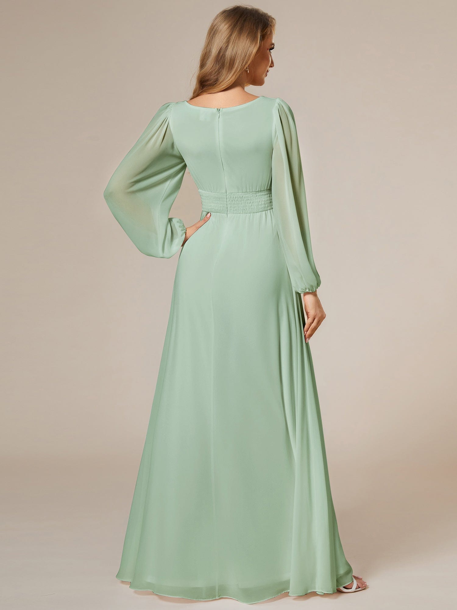 Custom Size See-Througth Puff Sleeve Chiffon Bridesmaid Dress #color_Mint Green