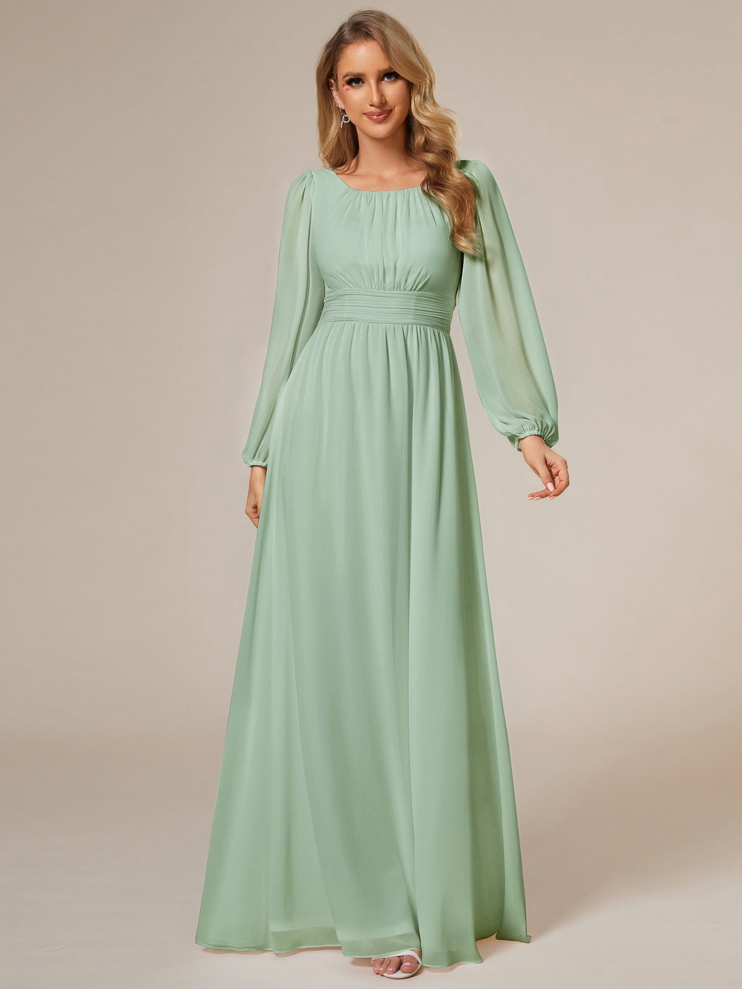 Custom Size See-Througth Puff Sleeve Chiffon Bridesmaid Dress #color_Mint Green