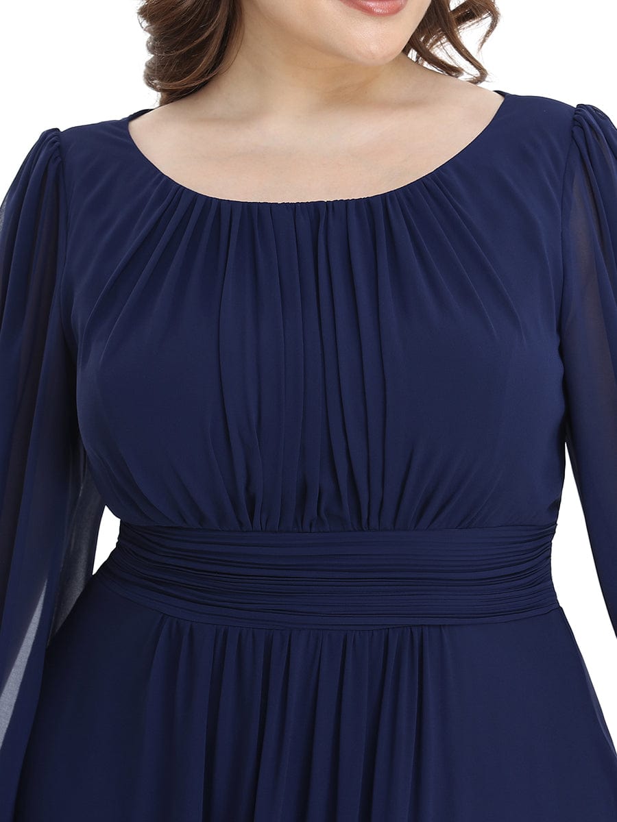 Plus Size Sheer Long Sleeve Pleated Floor Length Bridesmaid Dress #color_Navy Blue