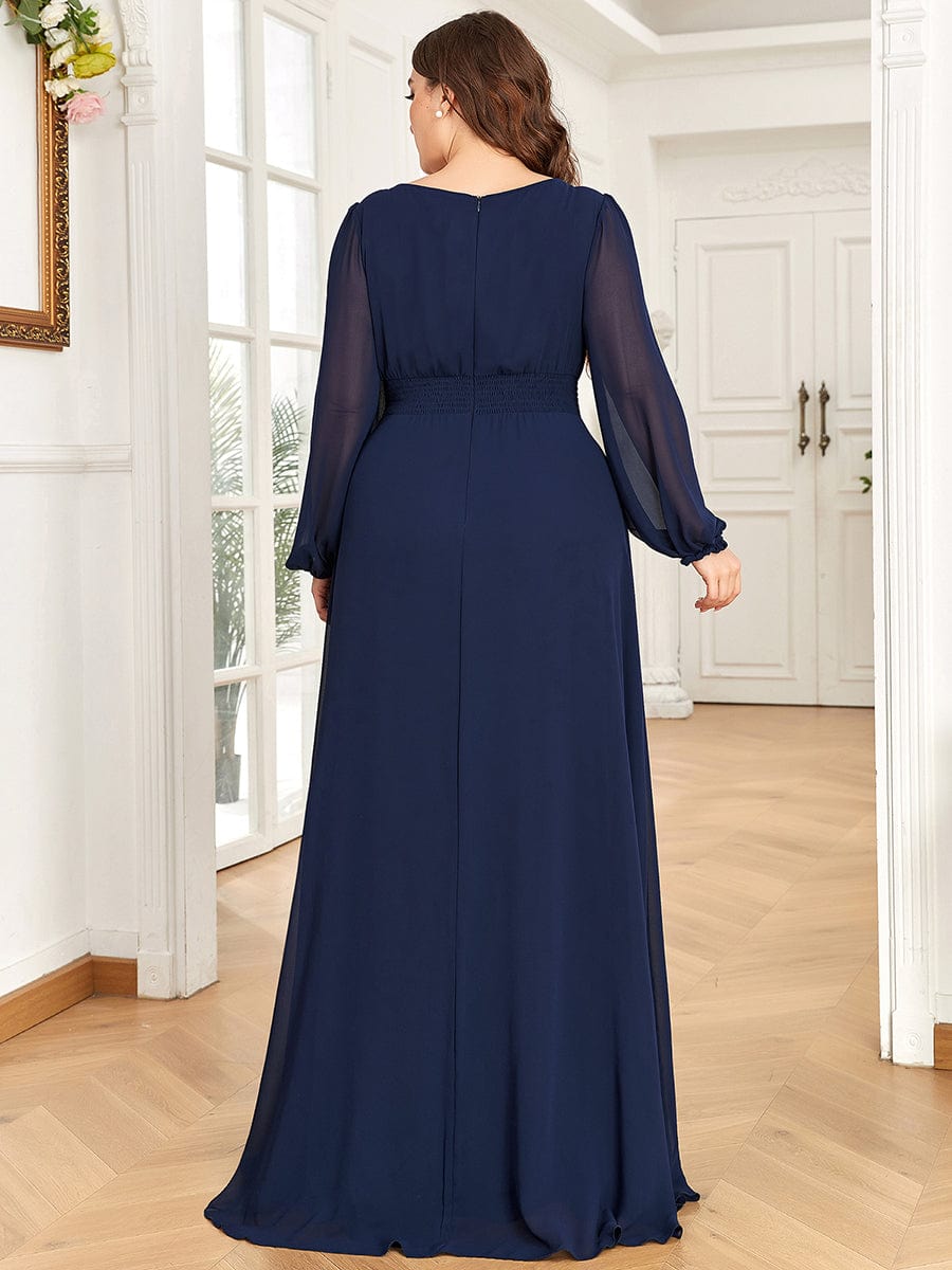 Chiffon Long Sleeve Pleated Floor Length Bridesmaid Dress #color_Navy Blue