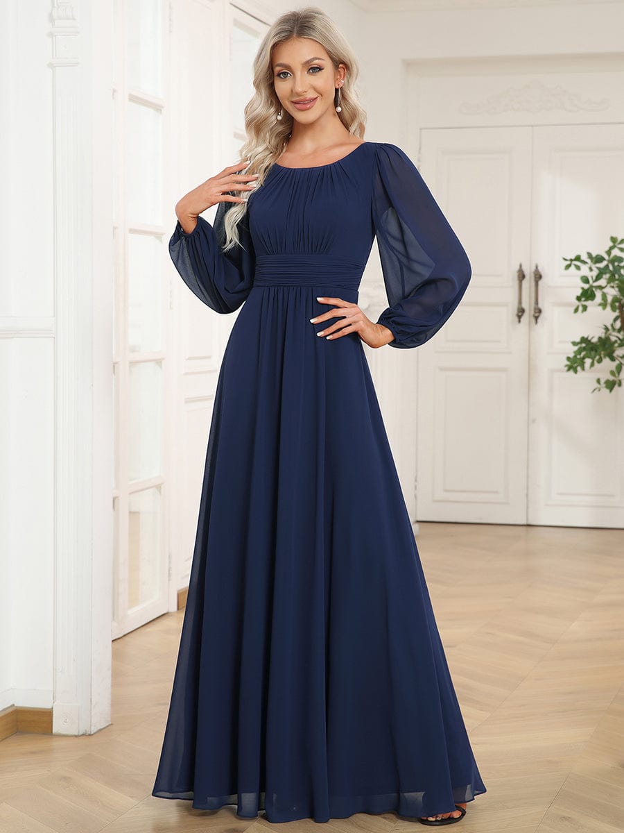 Chiffon Long Sleeve Pleated Floor Length Bridesmaid Dress #color_Navy Blue