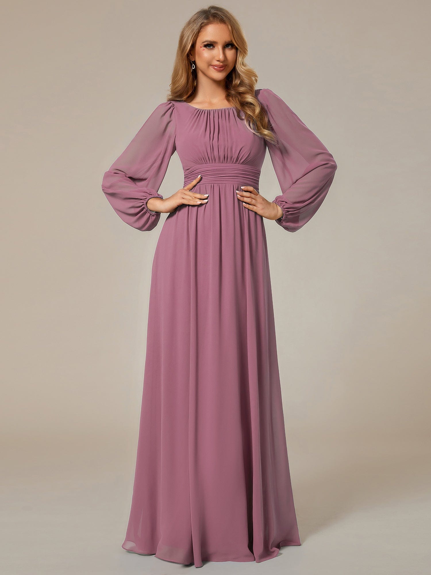 Custom Size See-Througth Puff Sleeve Chiffon Bridesmaid Dress #color_Purple Orchid