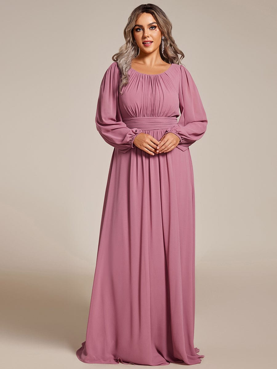 Plus Size Sheer Long Sleeve Pleated Floor Length Bridesmaid Dress #color_Purple Orchid