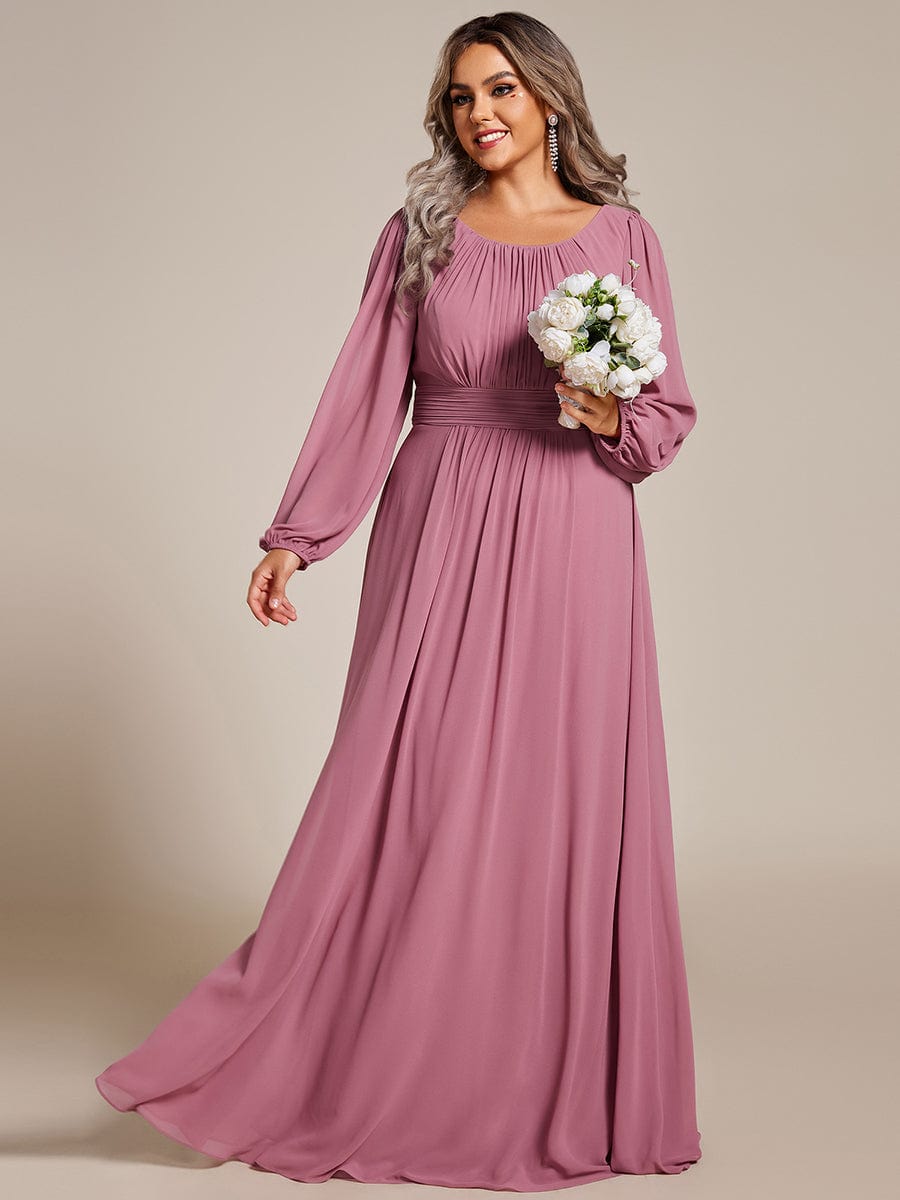 Plus Size Sheer Long Sleeve Pleated Floor Length Bridesmaid Dress #color_Purple Orchid