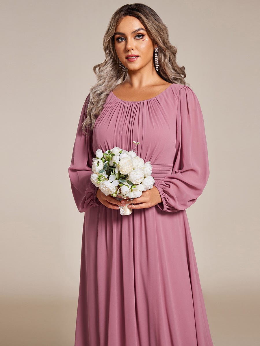 Plus Size Sheer Long Sleeve Pleated Floor Length Bridesmaid Dress #color_Purple Orchid