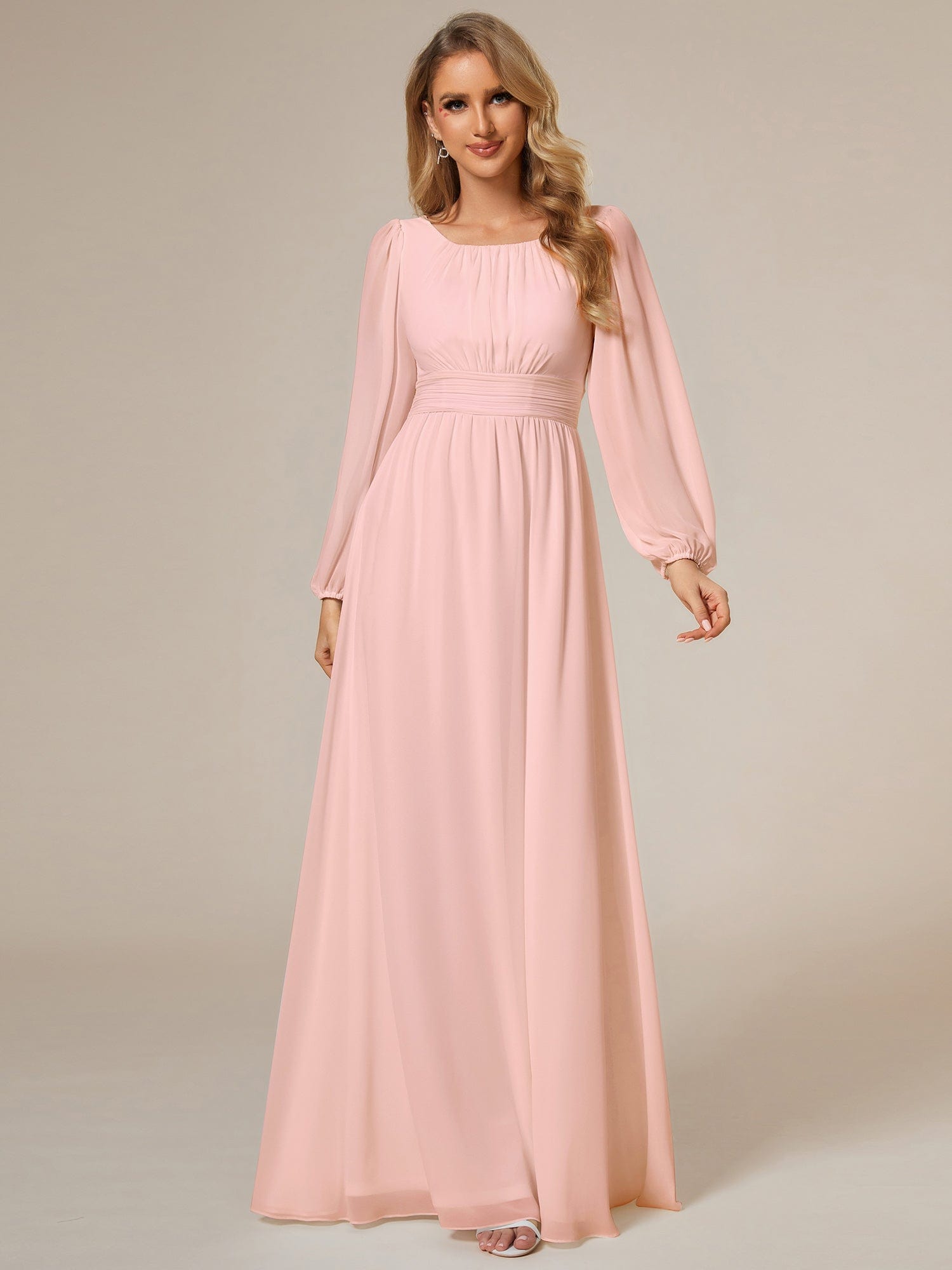 Custom Size See-Througth Puff Sleeve Chiffon Bridesmaid Dress #color_Pink