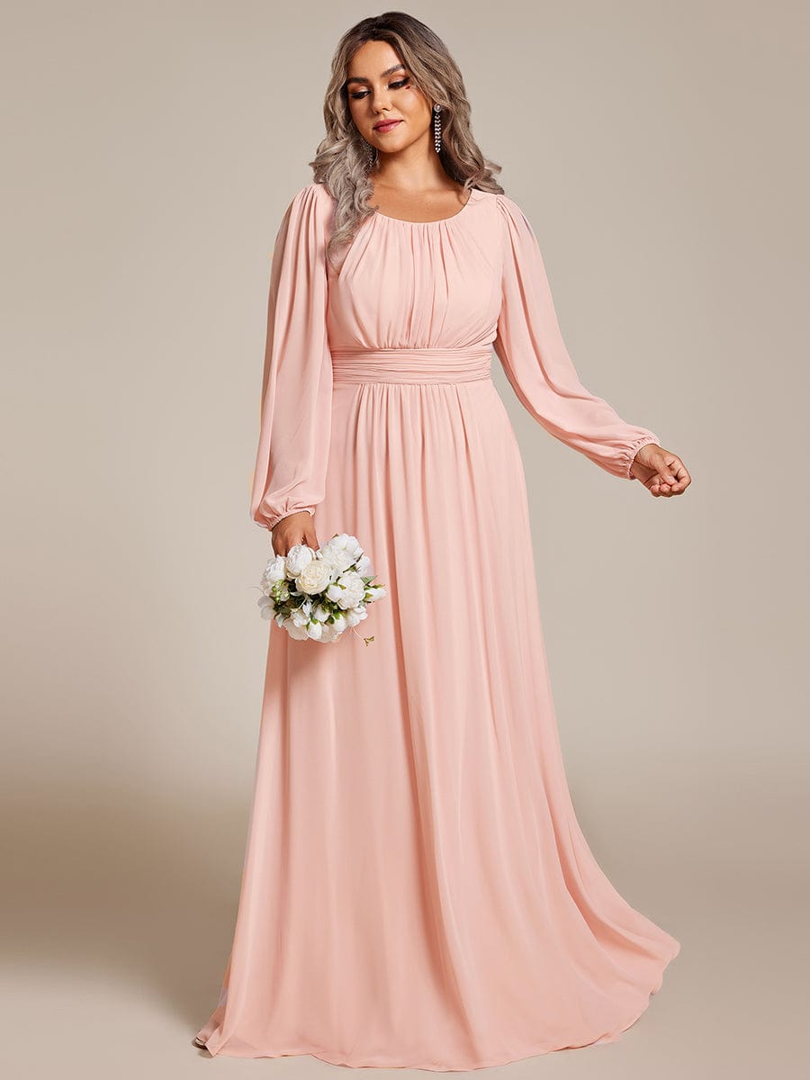 Plus Size Sheer Long Sleeve Pleated Floor Length Bridesmaid Dress #color_Pink