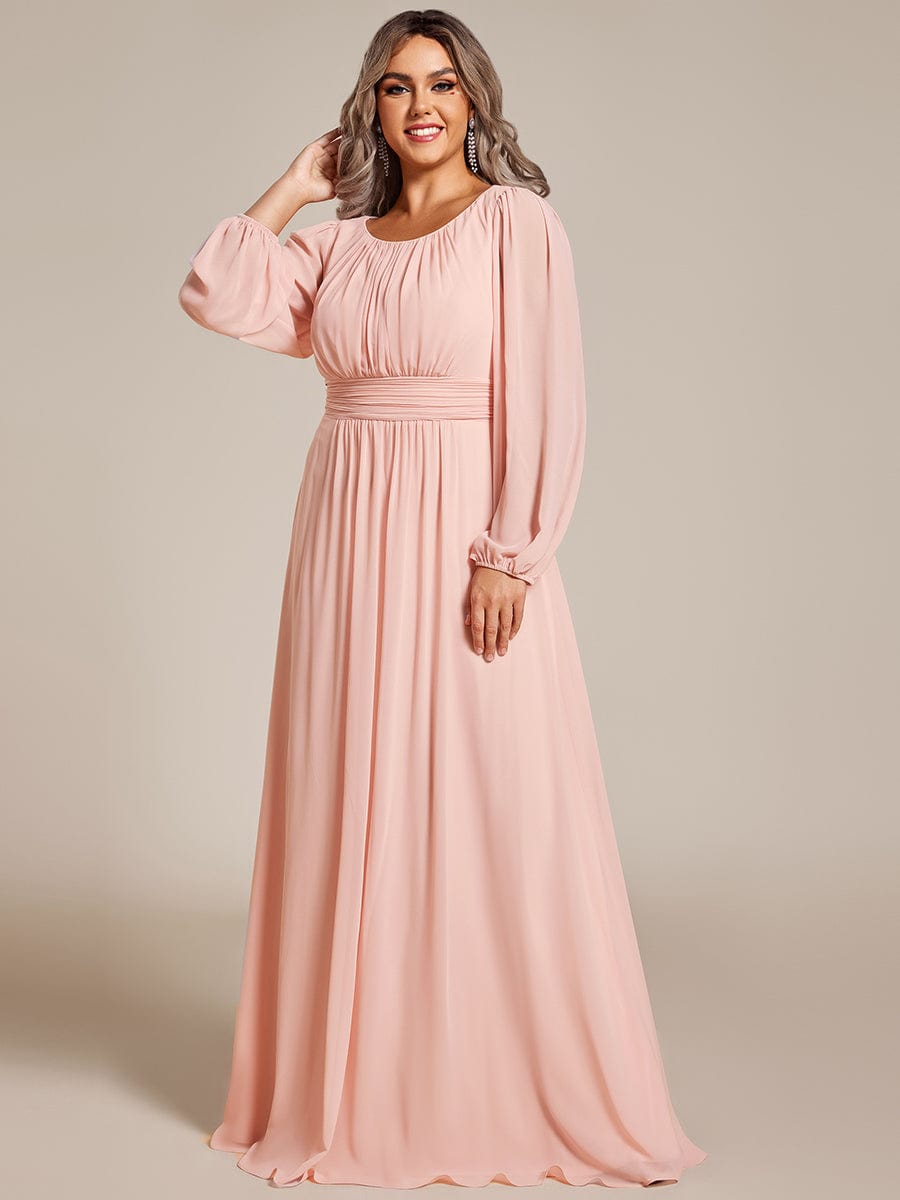 Plus Size Sheer Long Sleeve Pleated Floor Length Bridesmaid Dress #color_Pink