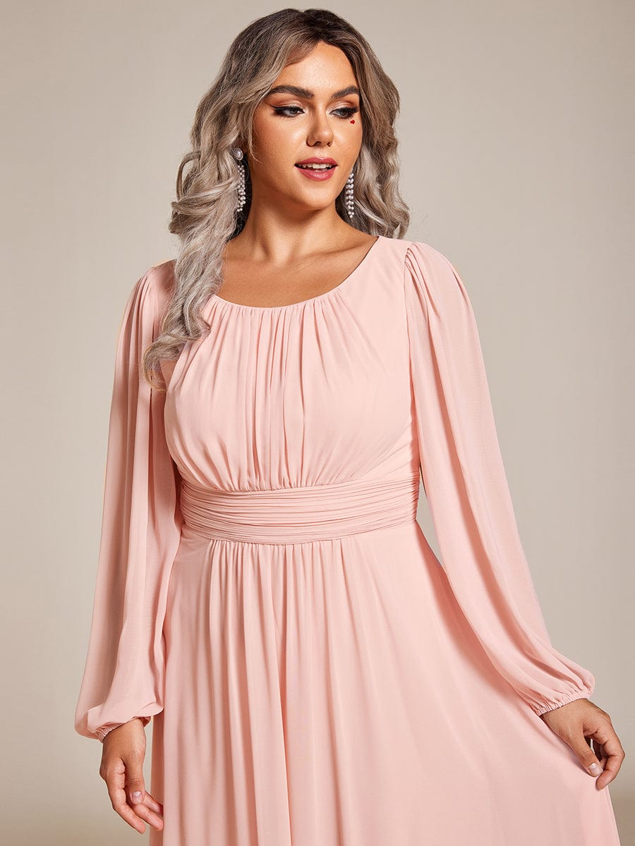 Chiffon Long Sleeve Pleated Floor Length Bridesmaid Dress #color_Pink