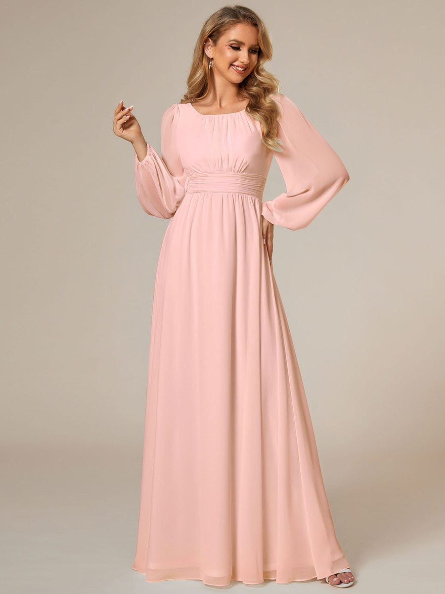 Chiffon Long Sleeve Pleated Floor Length Bridesmaid Dress #color_Pink