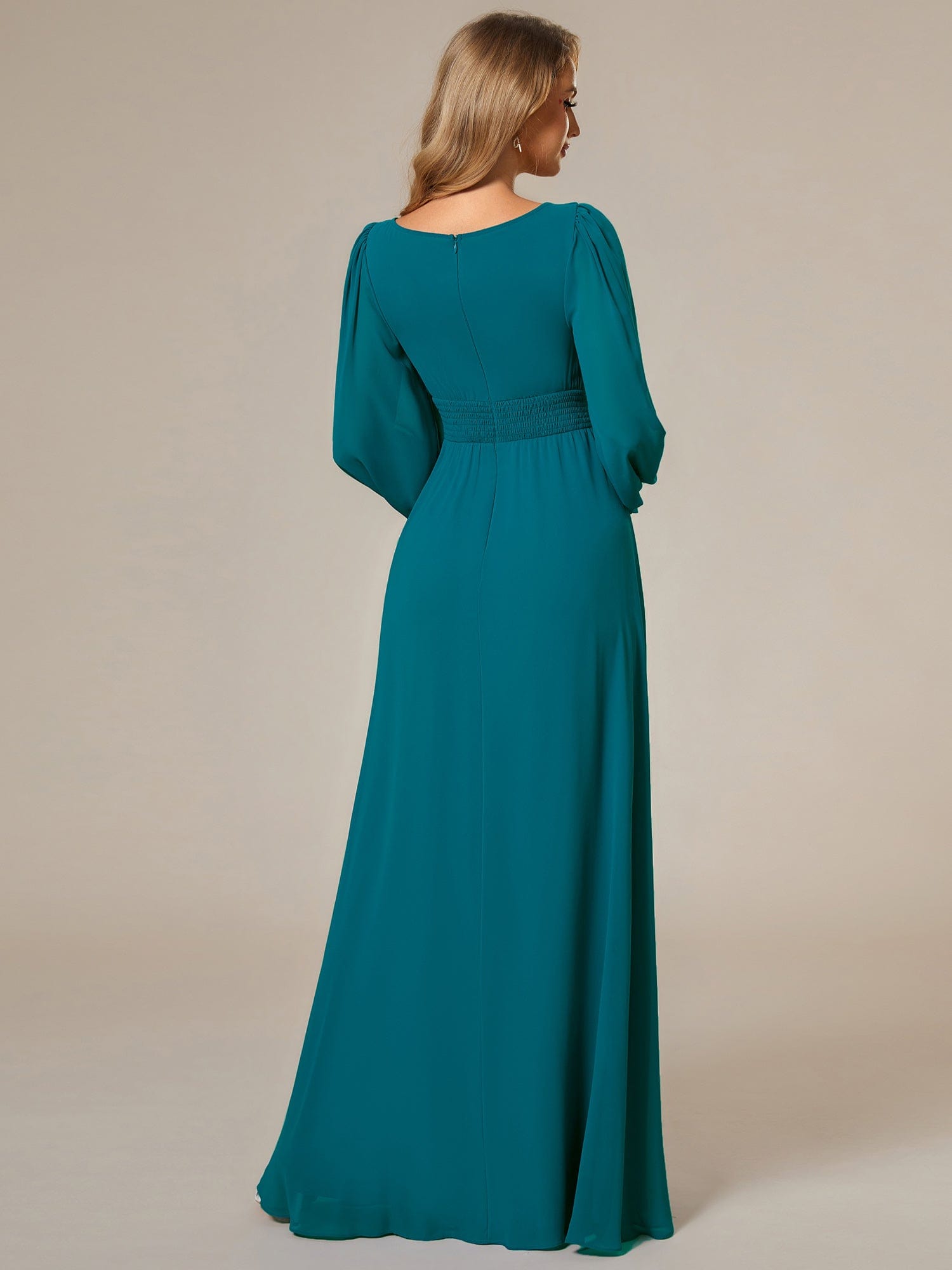 Custom Size See-Througth Puff Sleeve Chiffon Bridesmaid Dress #color_Teal