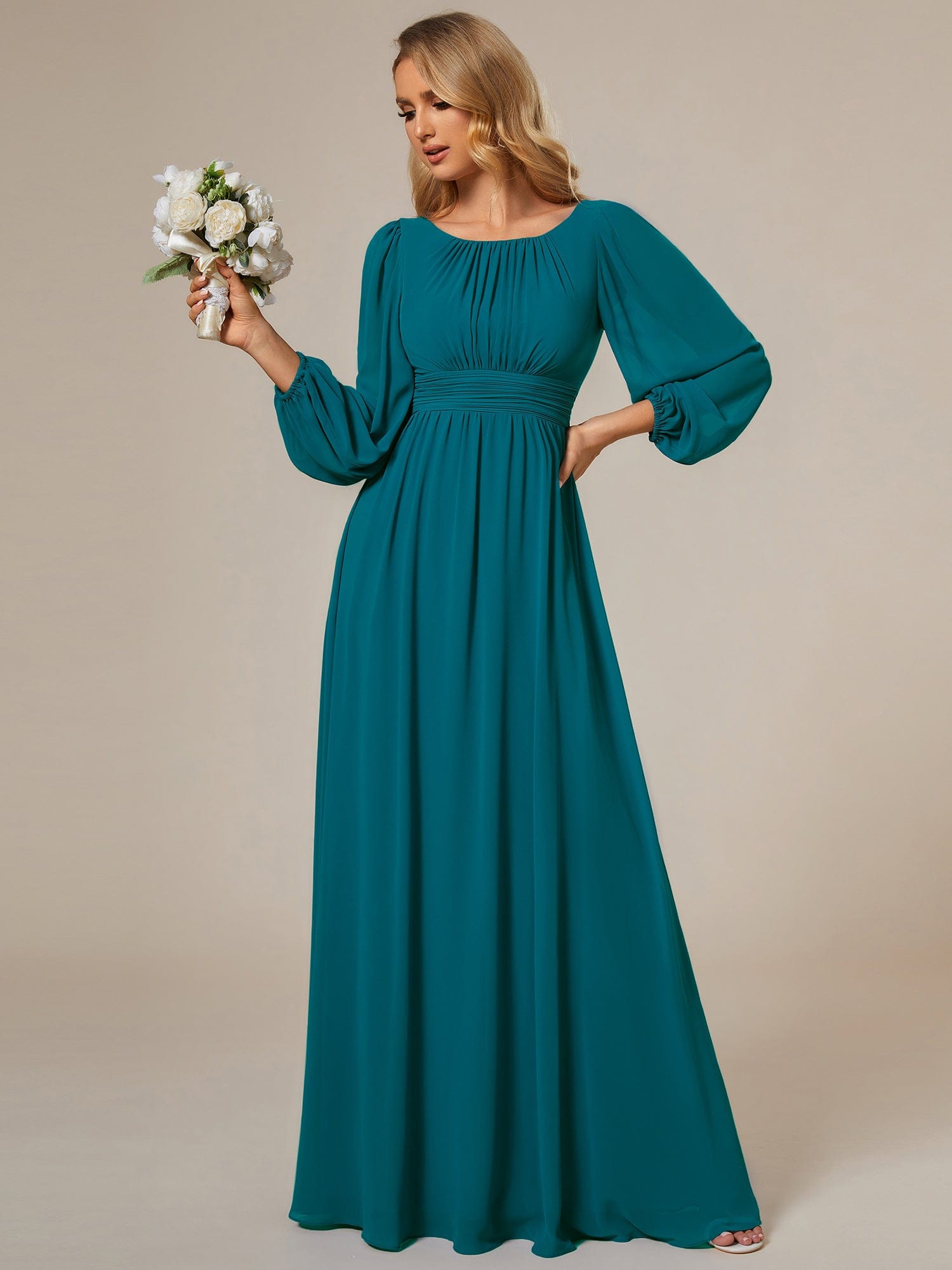 Custom Size See-Througth Puff Sleeve Chiffon Bridesmaid Dress #color_Teal