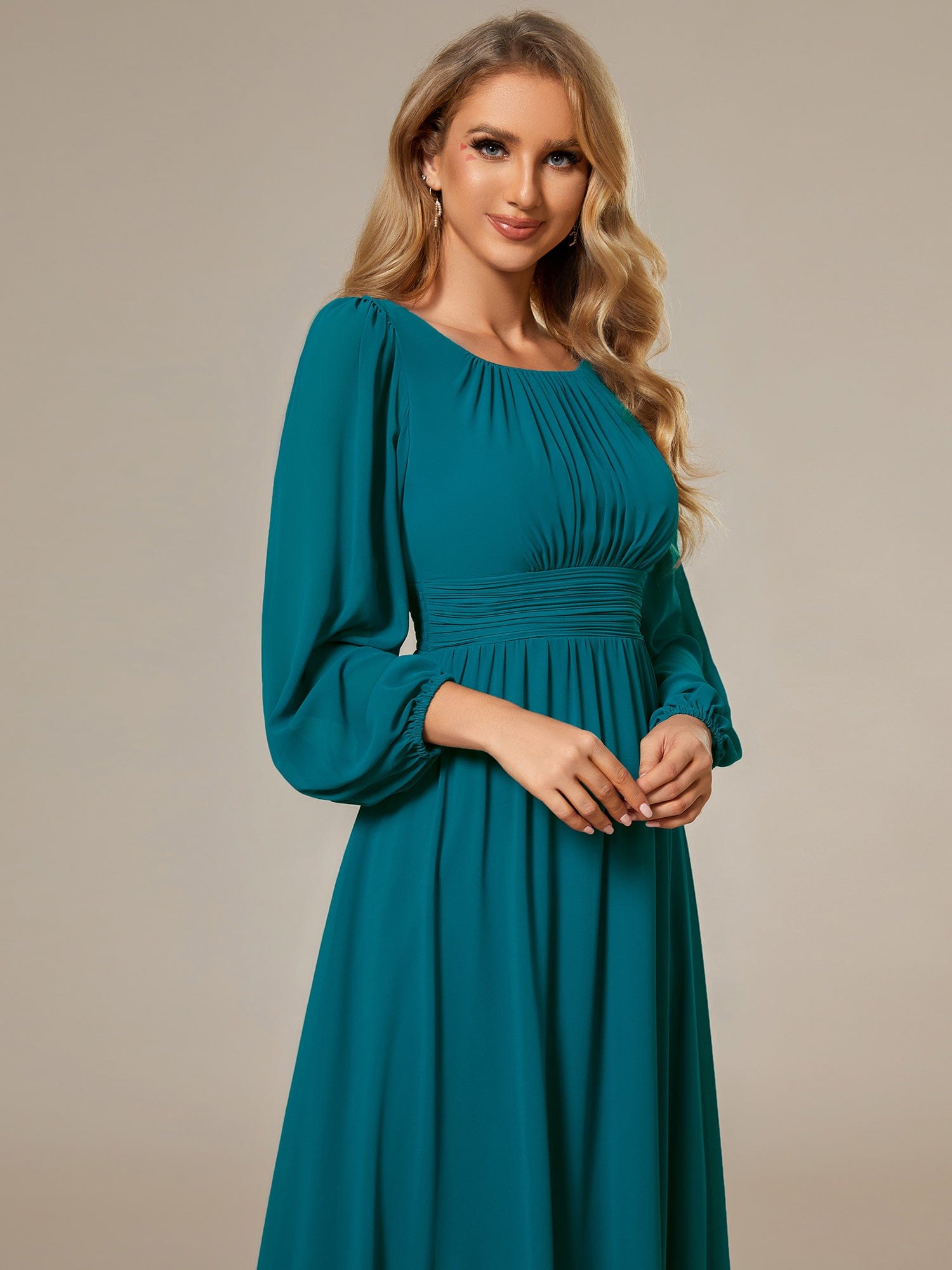 Custom Size See-Througth Puff Sleeve Chiffon Bridesmaid Dress #color_Teal