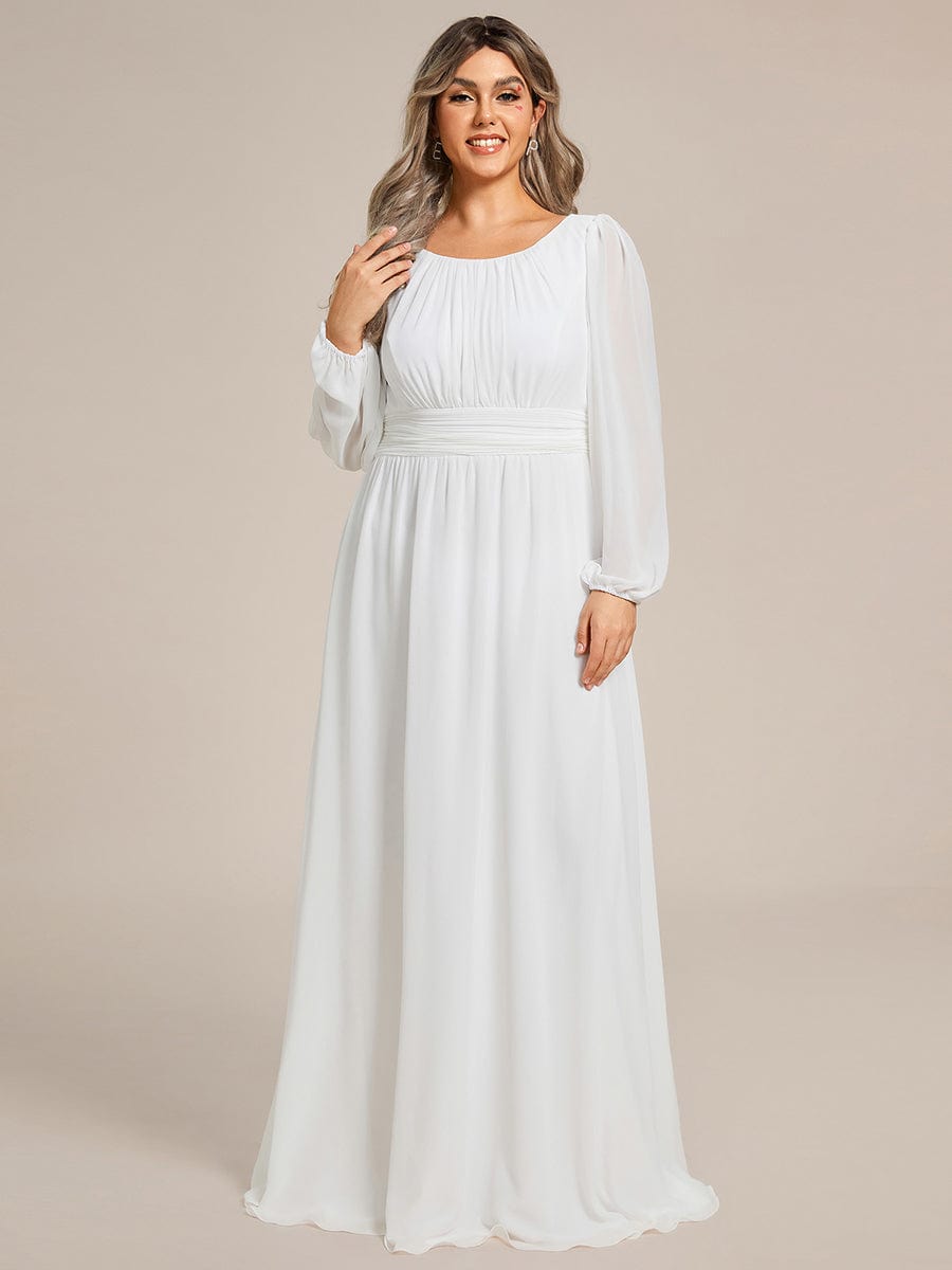 Plus Size Sheer Long Sleeve Pleated Floor Length Bridesmaid Dress #color_White