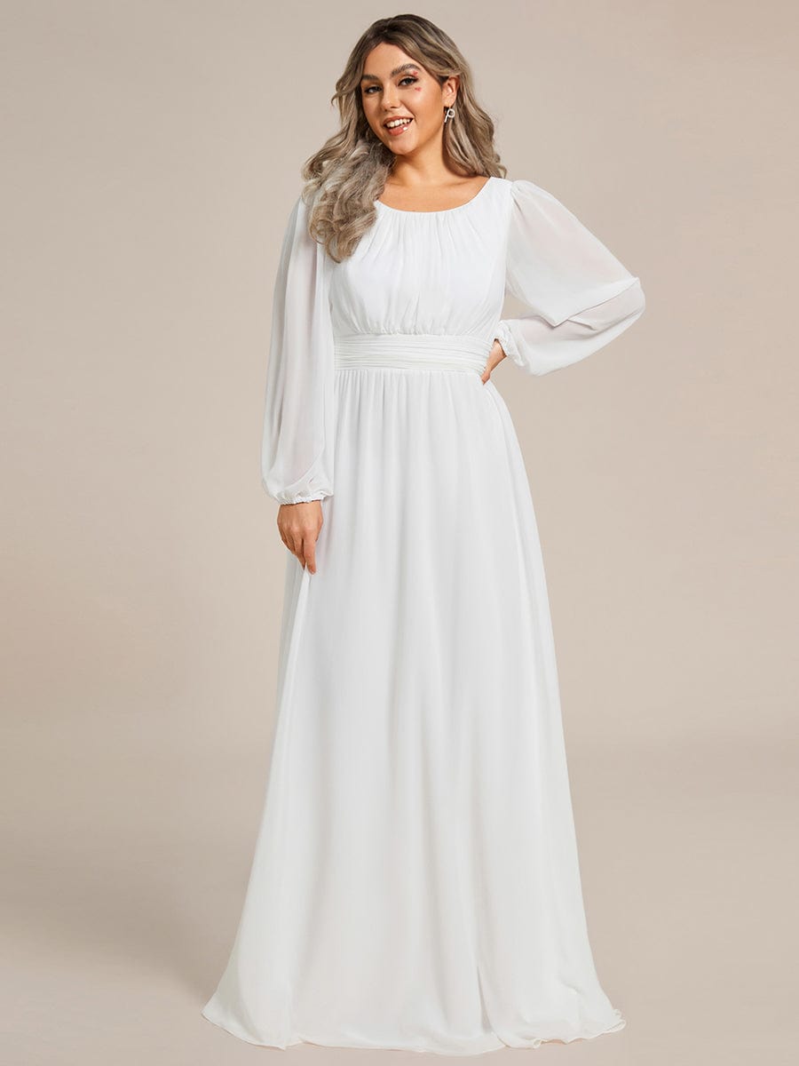 Plus Size Sheer Long Sleeve Pleated Floor Length Bridesmaid Dress #color_White