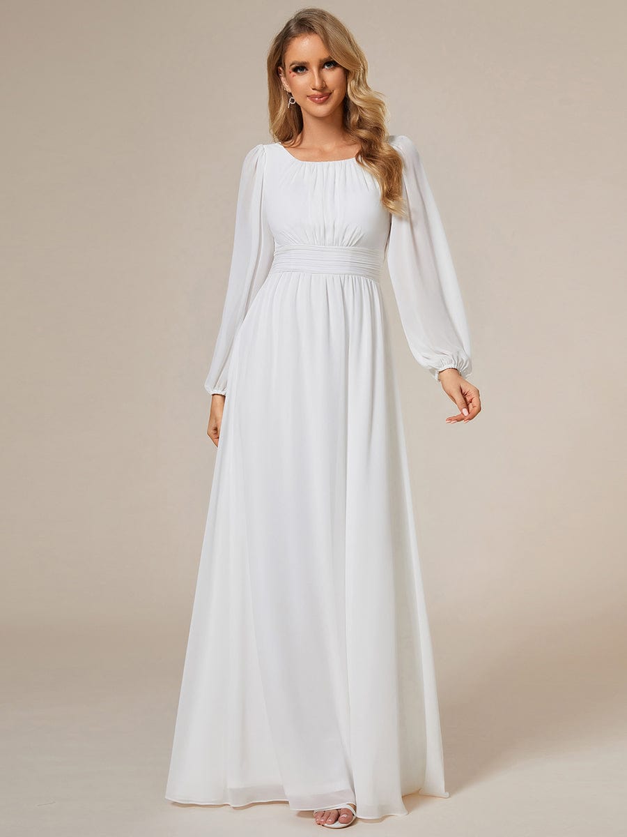 Chiffon Long Sleeve Pleated Floor Length Bridesmaid Dress #color_White