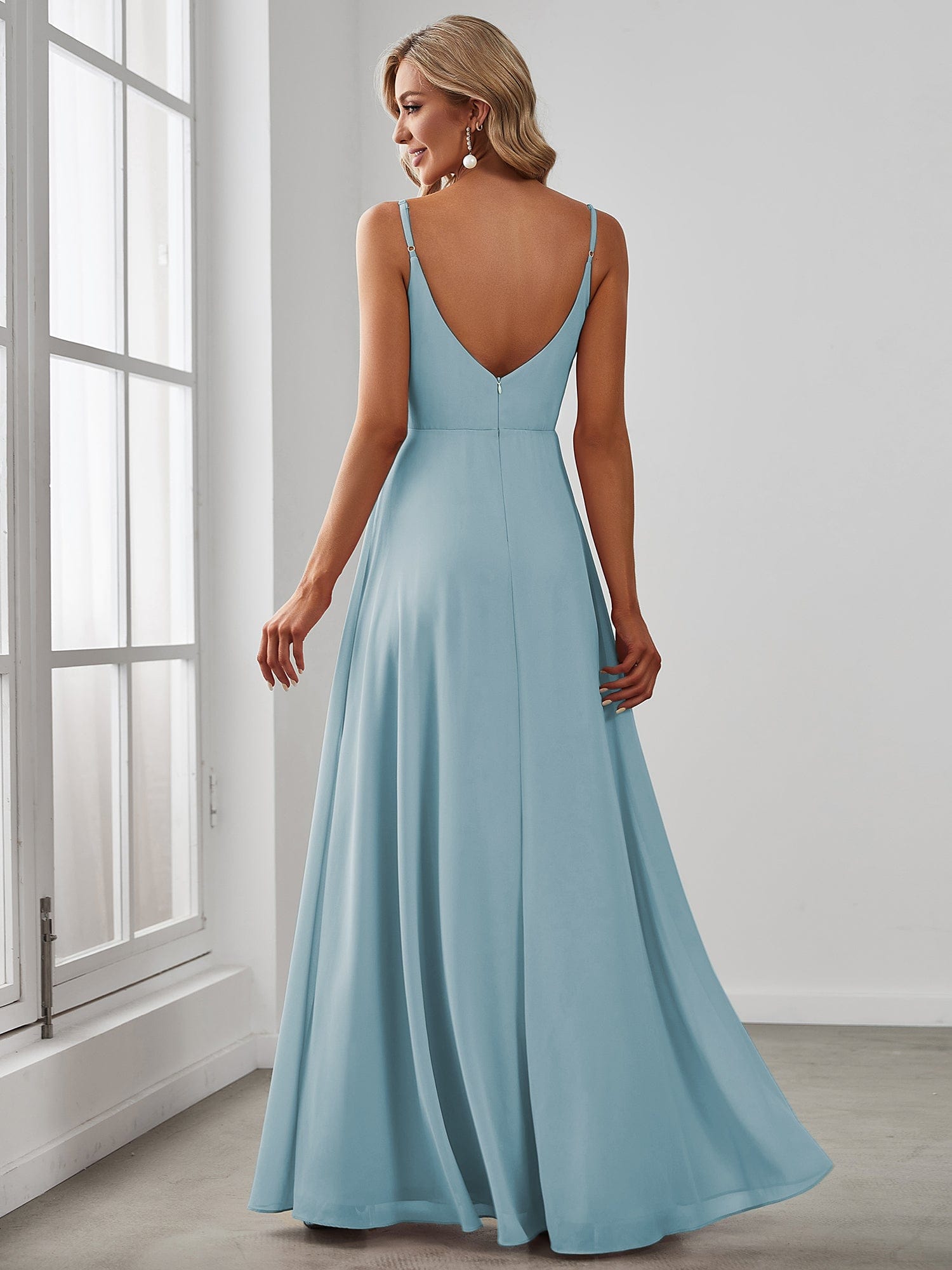 Spaghetti Strap Pleated V-Neck High Slit Bridesmaid Dress #color_Sky Blue