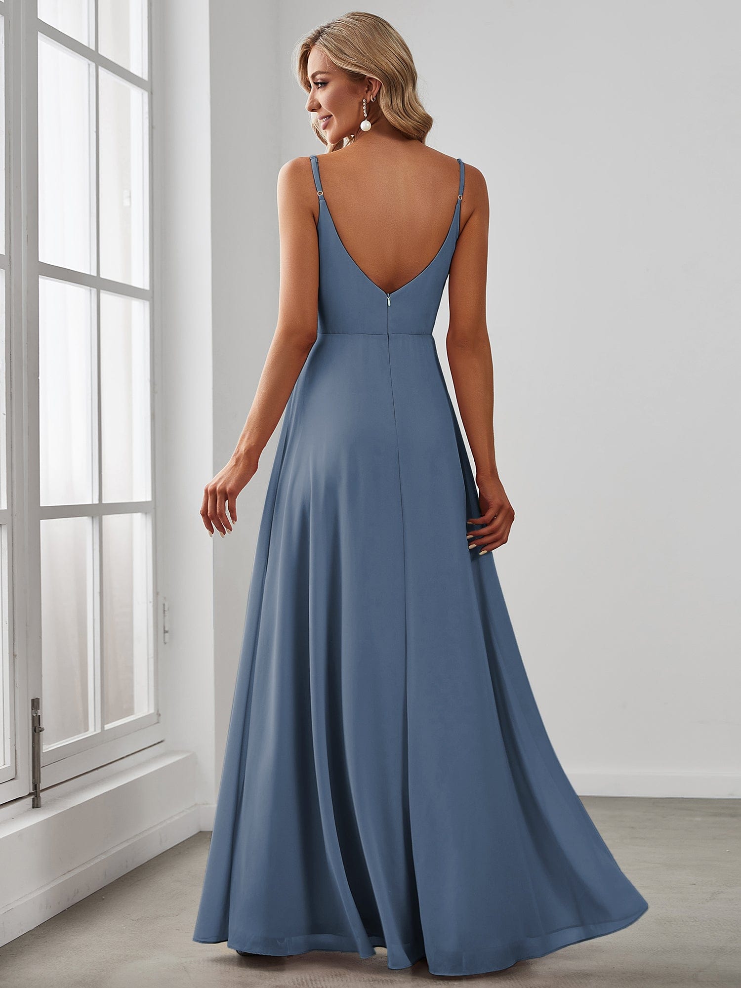 Spaghetti Strap Pleated V-Neck High Slit Bridesmaid Dress #color_Dusty Navy