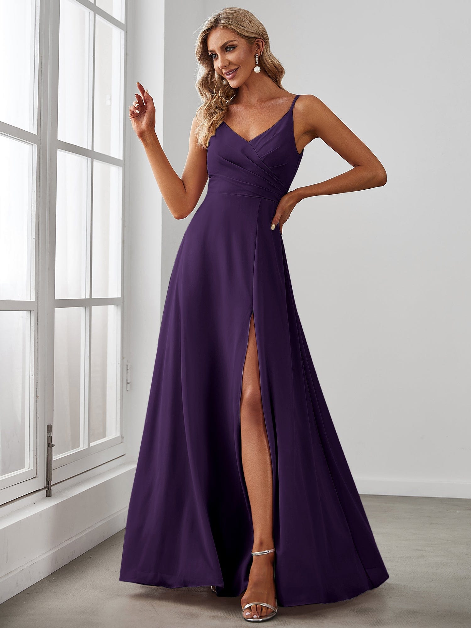 Spaghetti Strap Pleated V-Neck High Slit Bridesmaid Dress #color_Dark Purple